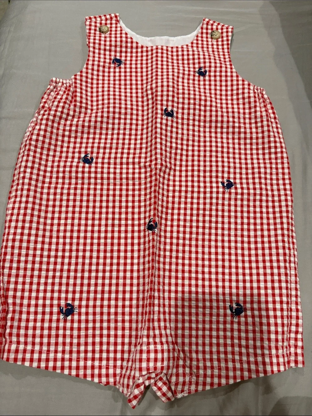 Red Gingham Kids One-Piece Romper with Navy Crab Embroidery